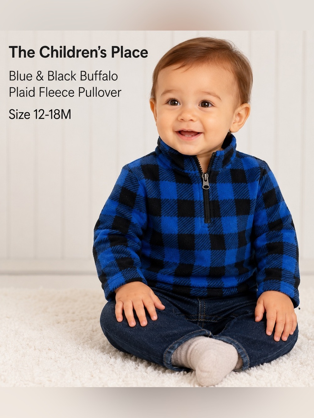 The Children's Place Blue & Black Buffalo Plaid baby Fleece Pullover Size 12-18M